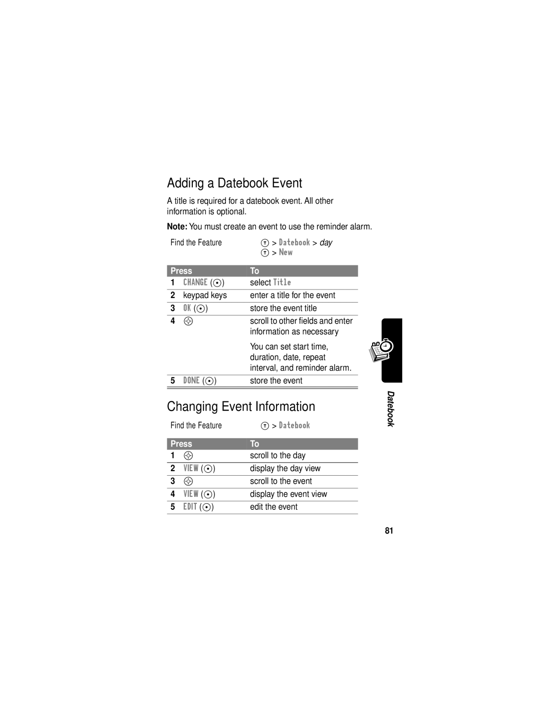 Motorola C331 manual Adding a Datebook Event, Changing Event Information 