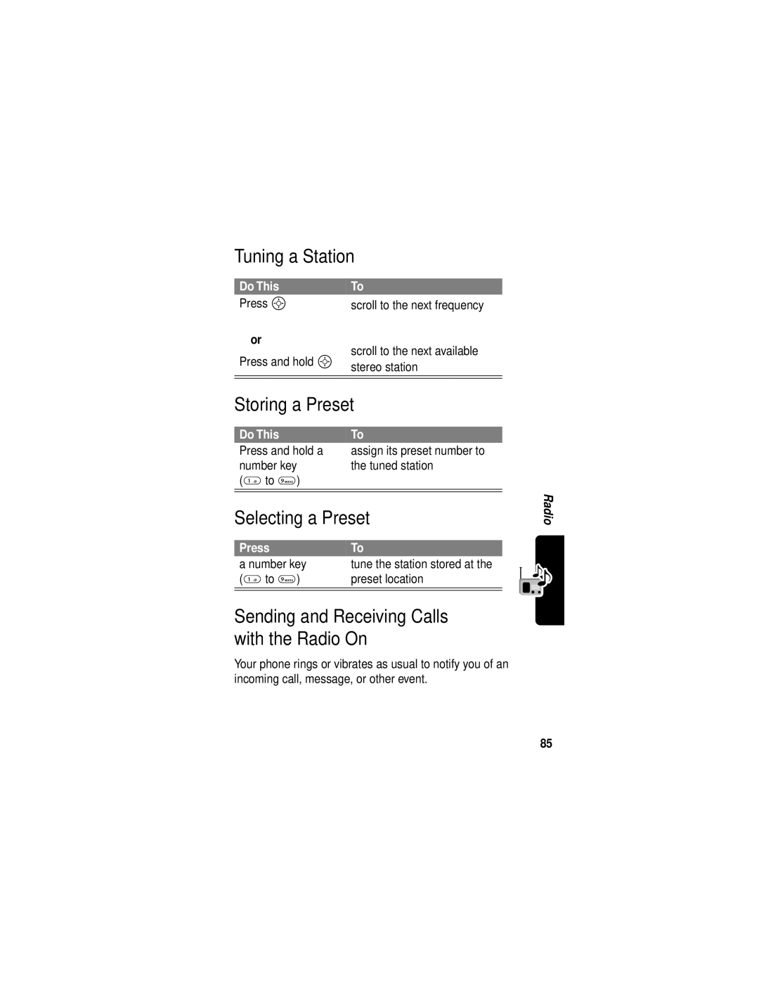 Motorola C331 manual Tuning a Station, Storing a Preset, Selecting a Preset, Sending and Receiving Calls with the Radio On 