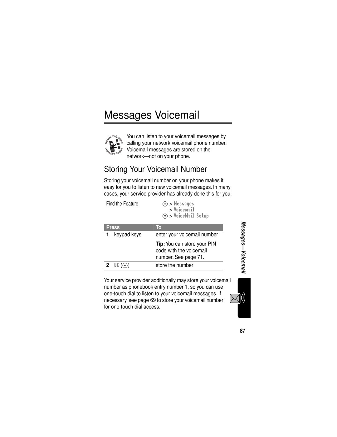 Motorola C331 manual Messages-Voicemail, Storing Your Voicemail Number, Store the number 