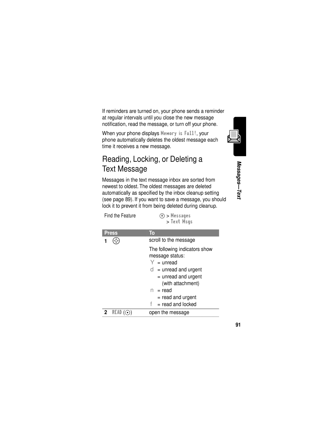 Motorola C331 manual Reading, Locking, or Deleting a Text Message, Scroll to the message 