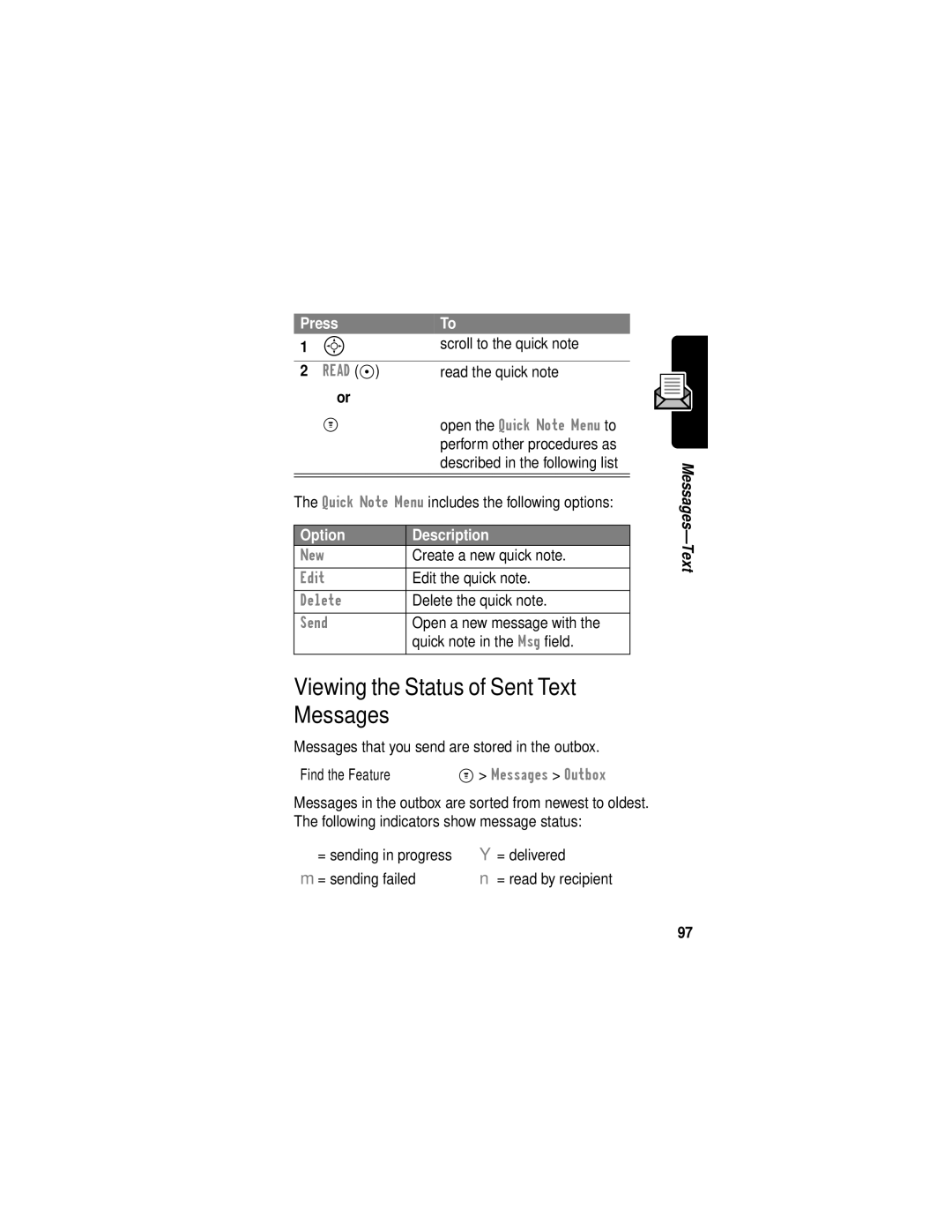 Motorola C331 manual Viewing the Status of Sent Text Messages 