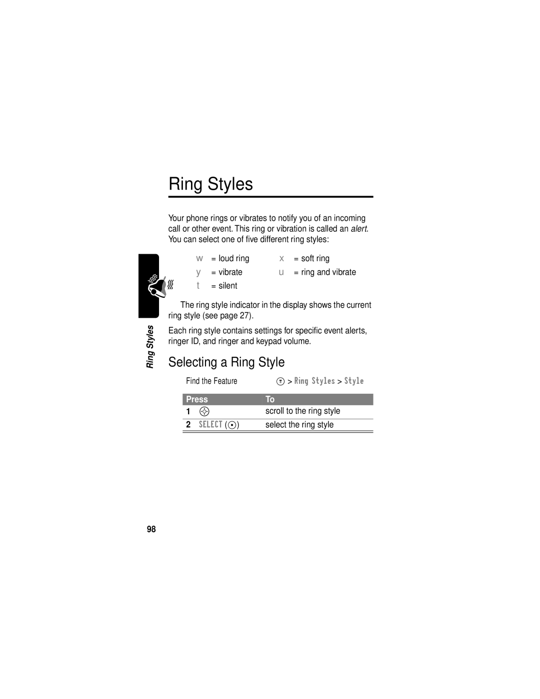 Motorola C331 manual Ring Styles, Selecting a Ring Style, Scroll to the ring style, Select the ring style 