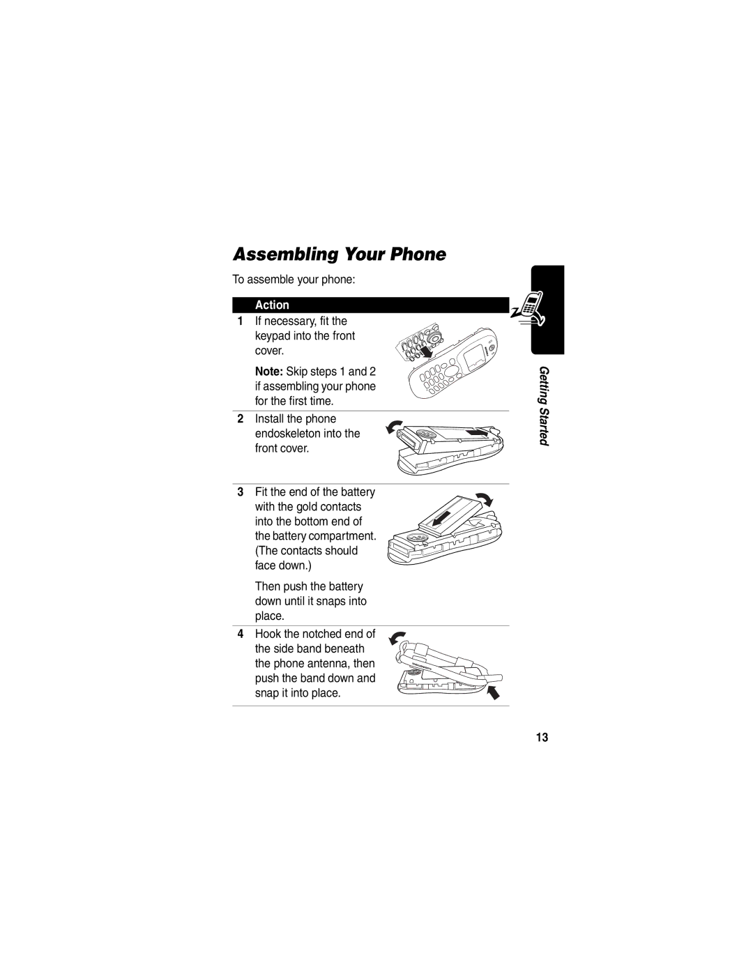 Motorola C332T manual Assembling Your Phone, To assemble your phone, Then push the battery down until it snaps into place 