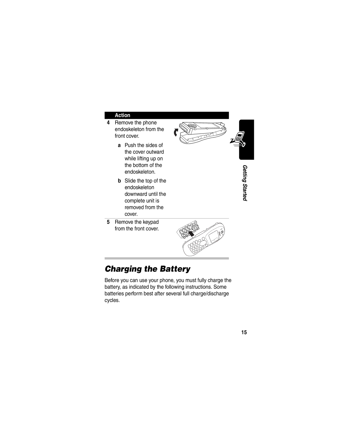 Motorola C332T manual Charging the Battery, Remove the phone endoskeleton from the front cover 