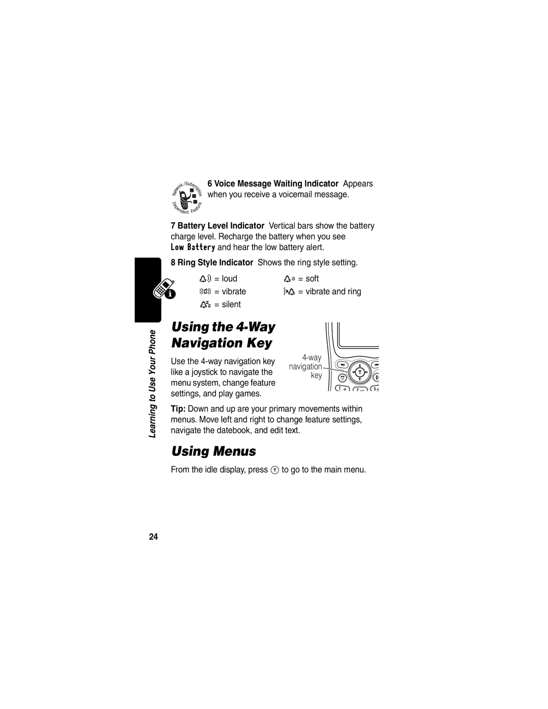 Motorola C332T manual Using the 4-Way Navigation Key, Using Menus 