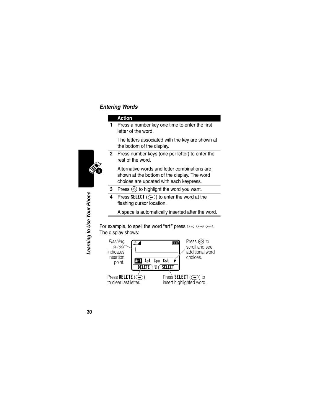 Motorola C332T manual Entering Words, Press Sto, Choices 