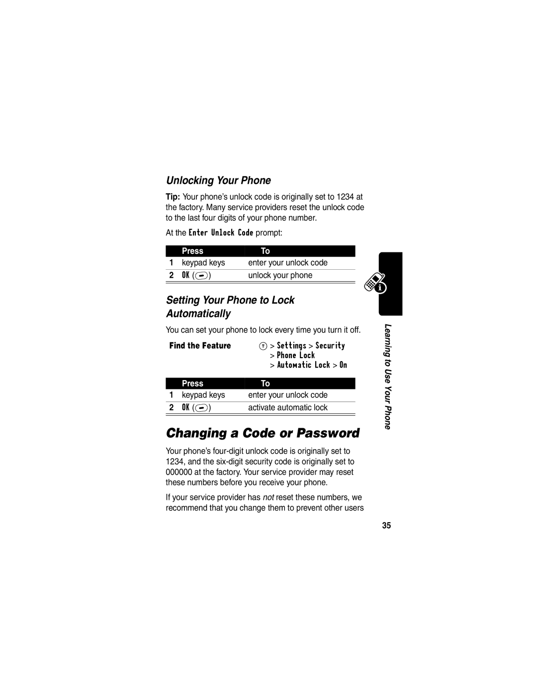 Motorola C332T manual Changing a Code or Password, Unlocking Your Phone, Setting Your Phone to Lock Automatically 