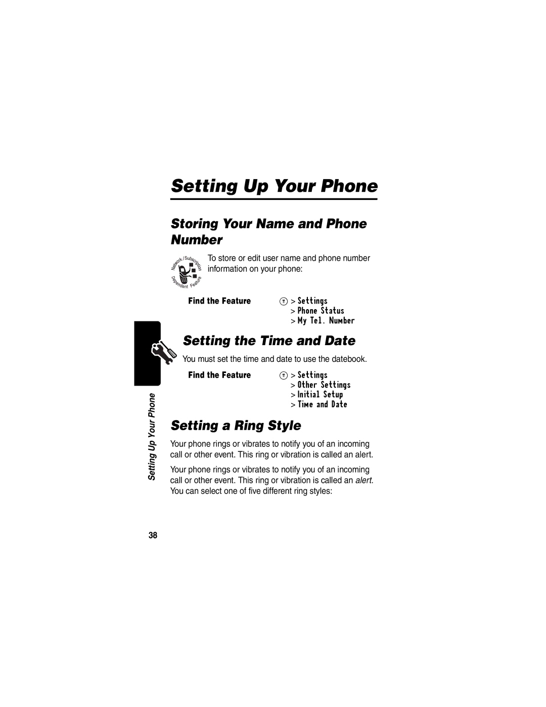 Motorola C332T Setting Up Your Phone, Storing Your Name and Phone Number, Setting the Time and Date, Setting a Ring Style 