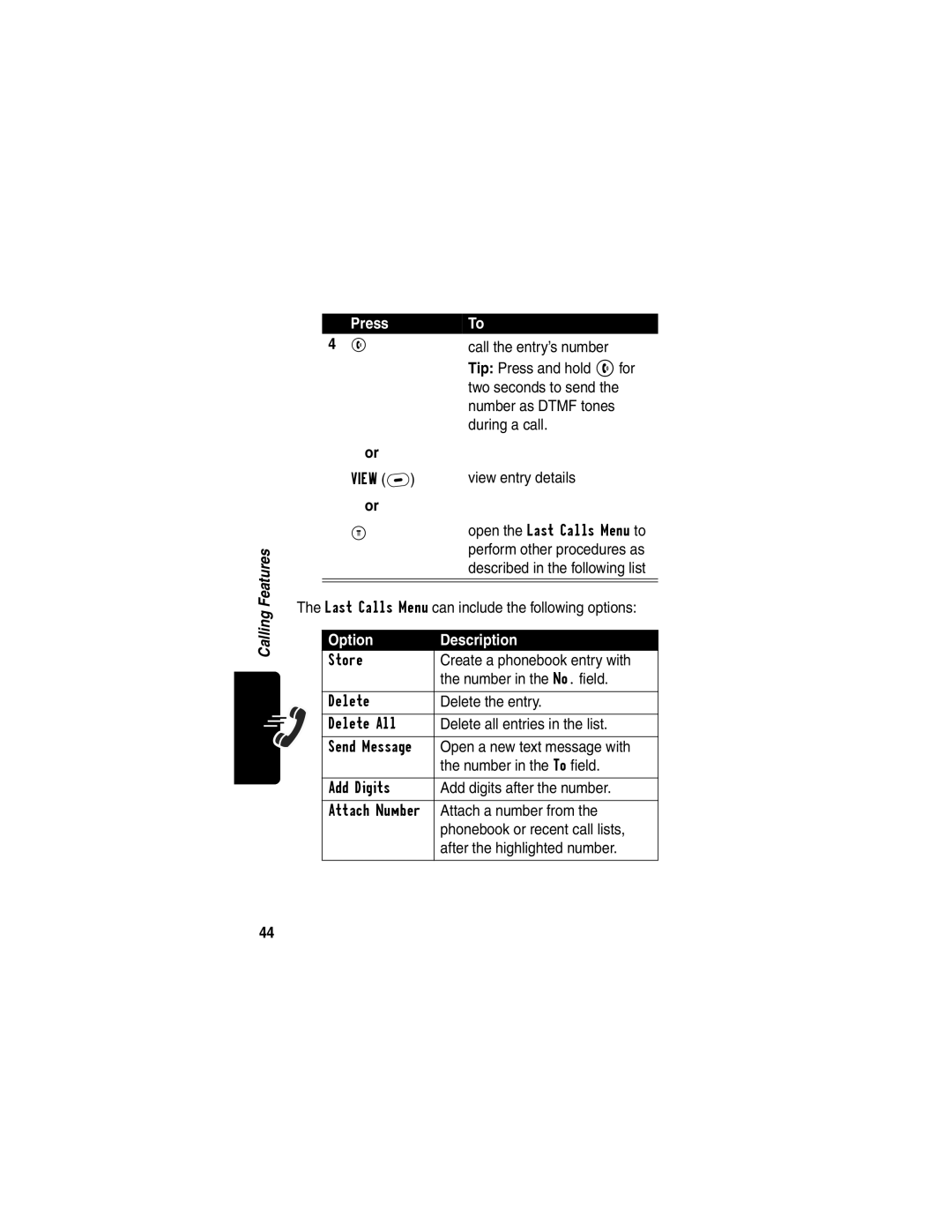 Motorola C332T manual Last Calls Menu can include the following options, Option Description 