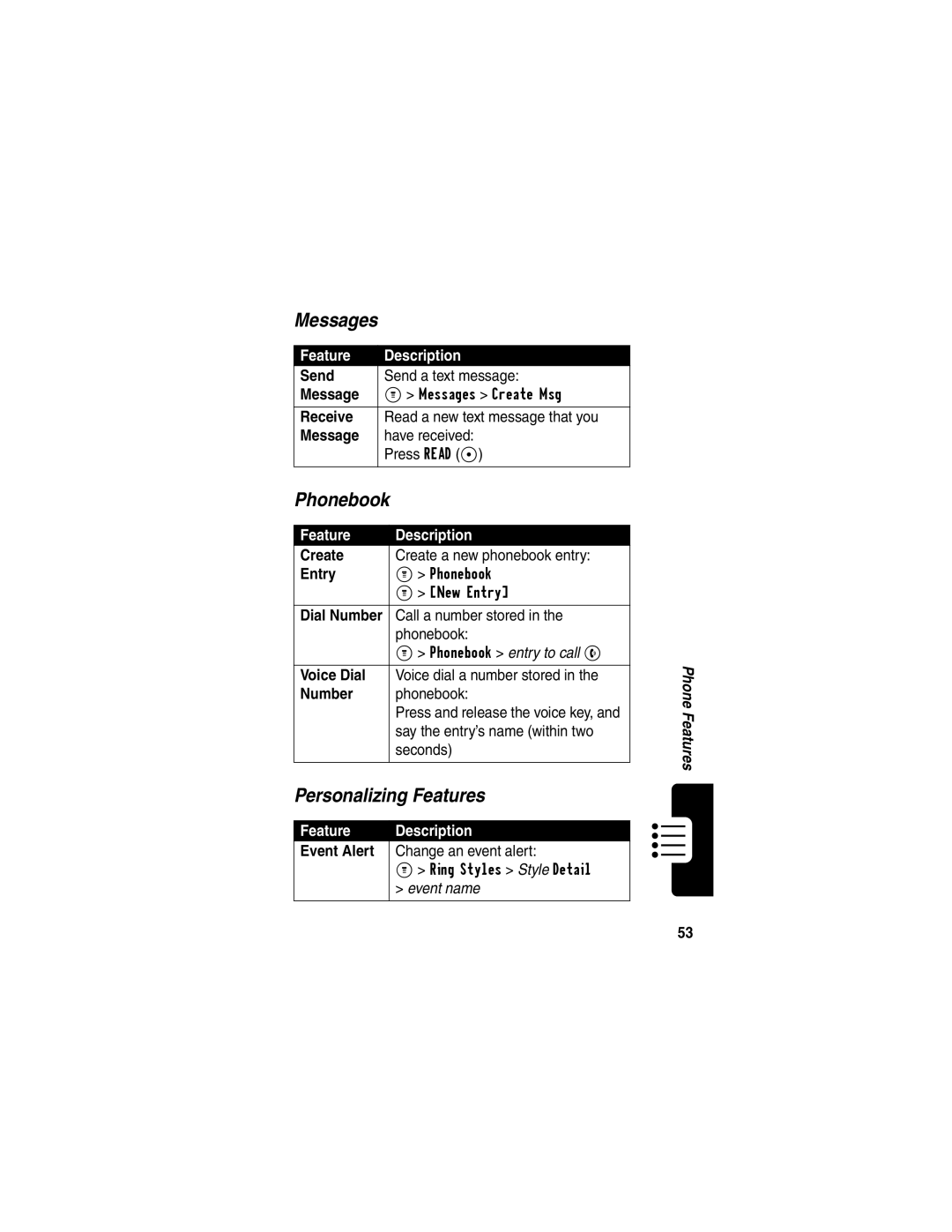 Motorola C332T manual Messages, Phonebook, Personalizing Features 