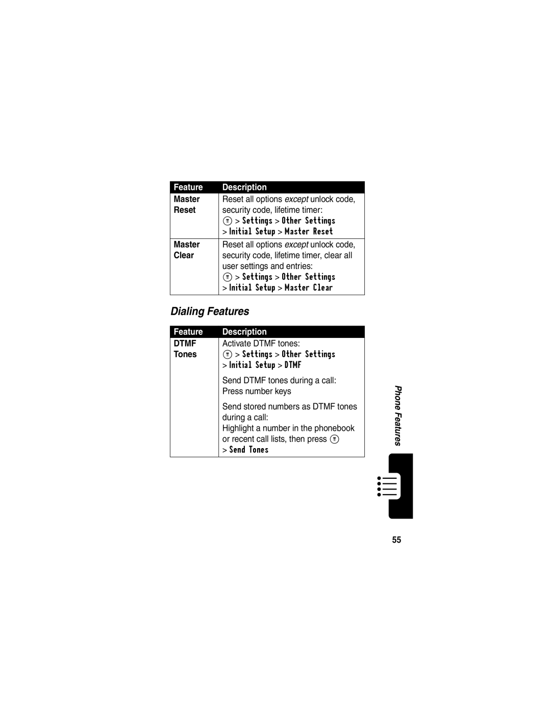 Motorola C332T manual Dialing Features, Master, Reset, Clear, Tones 