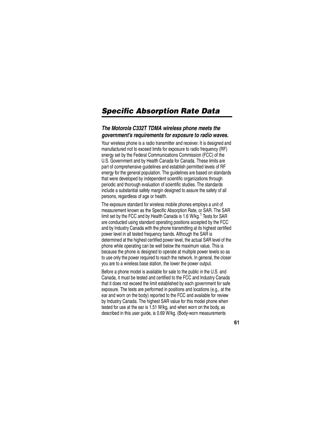 Motorola C332T manual Specific Absorption Rate Data 