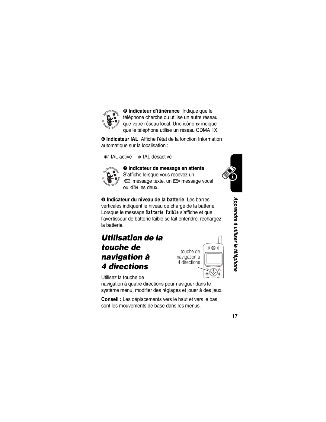 Motorola C341 manual Utilisation de la touche de, Navigation à navigation à, Directions 