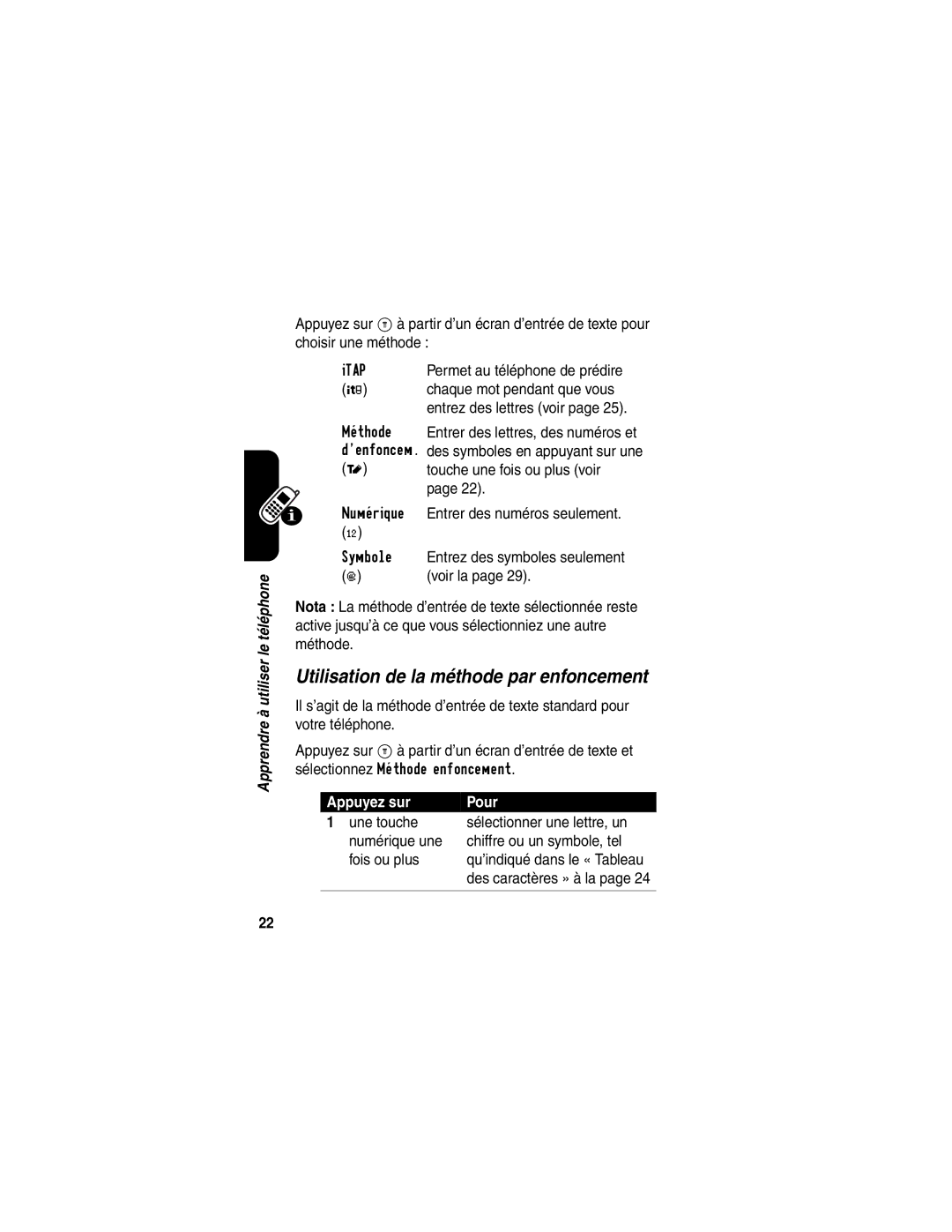 Motorola C341 manual Utilisation de la méthode par enfoncement, Chaque mot pendant que vous, Voir la 