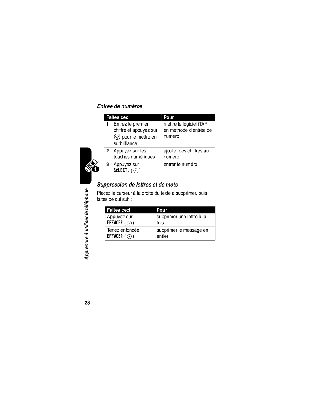 Motorola C341 manual Entrée de numéros, Suppression de lettres et de mots 