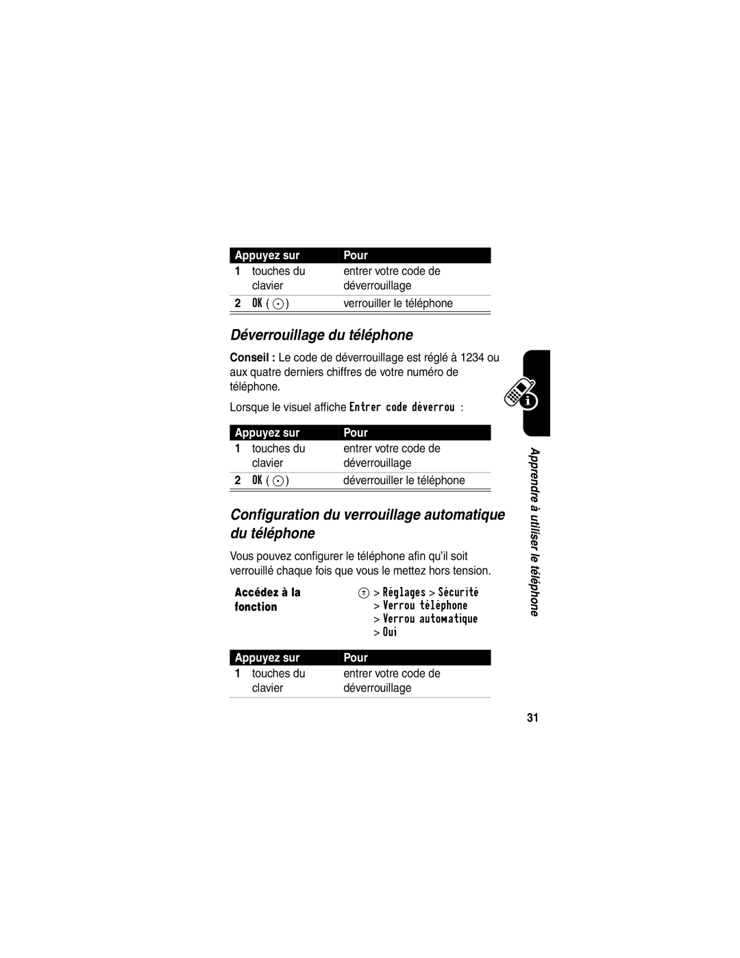 Motorola C341 Déverrouillage du téléphone, Configuration du verrouillage automatique du téléphone, Accédez à la fonction 