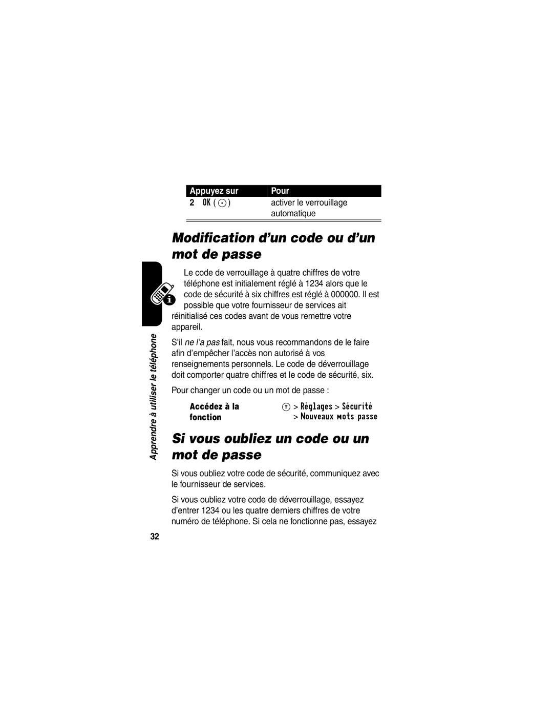 Motorola C341 manual Modification d’un code ou d’un mot de passe, Si vous oubliez un code ou un mot de passe 