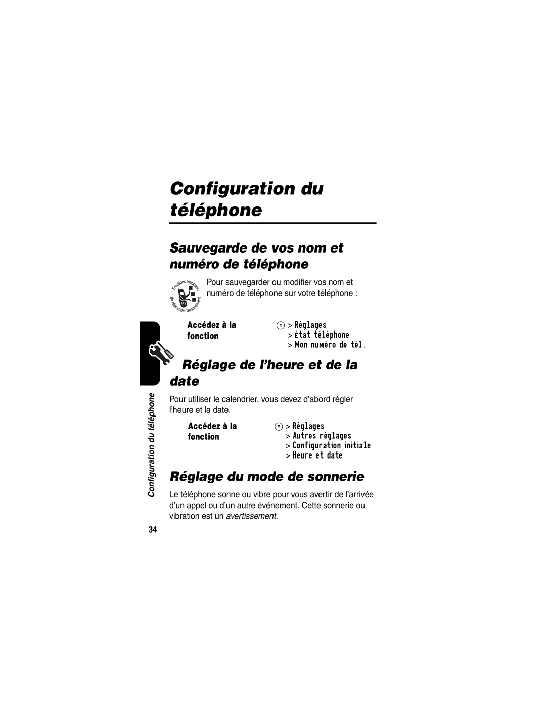 Motorola C341 Configuration du téléphone, Sauvegarde de vos nom et numéro de téléphone, Réglage de l’heure et de la date 