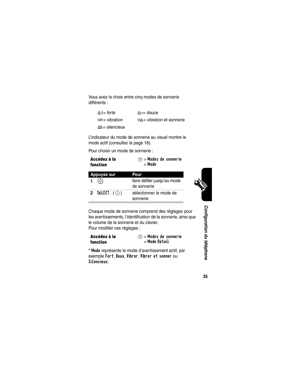 Motorola C341 manual De sonnerie, Sélectionner le mode de, Sonnerie, Pour modifier ces réglages, Fonction Mode Détail 