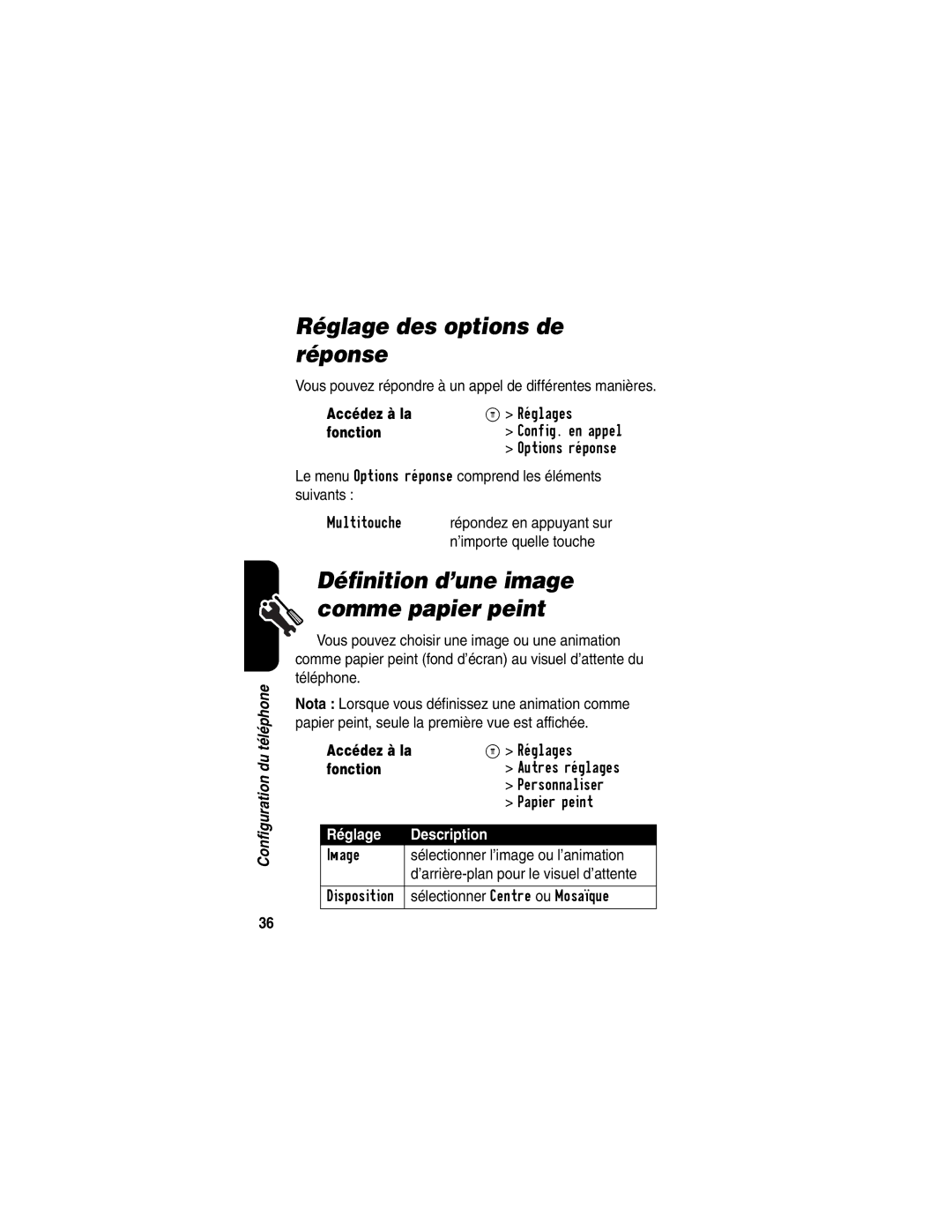 Motorola C341 manual Réglage des options de réponse, Définition d’une image comme papier peint, Réglage Description 