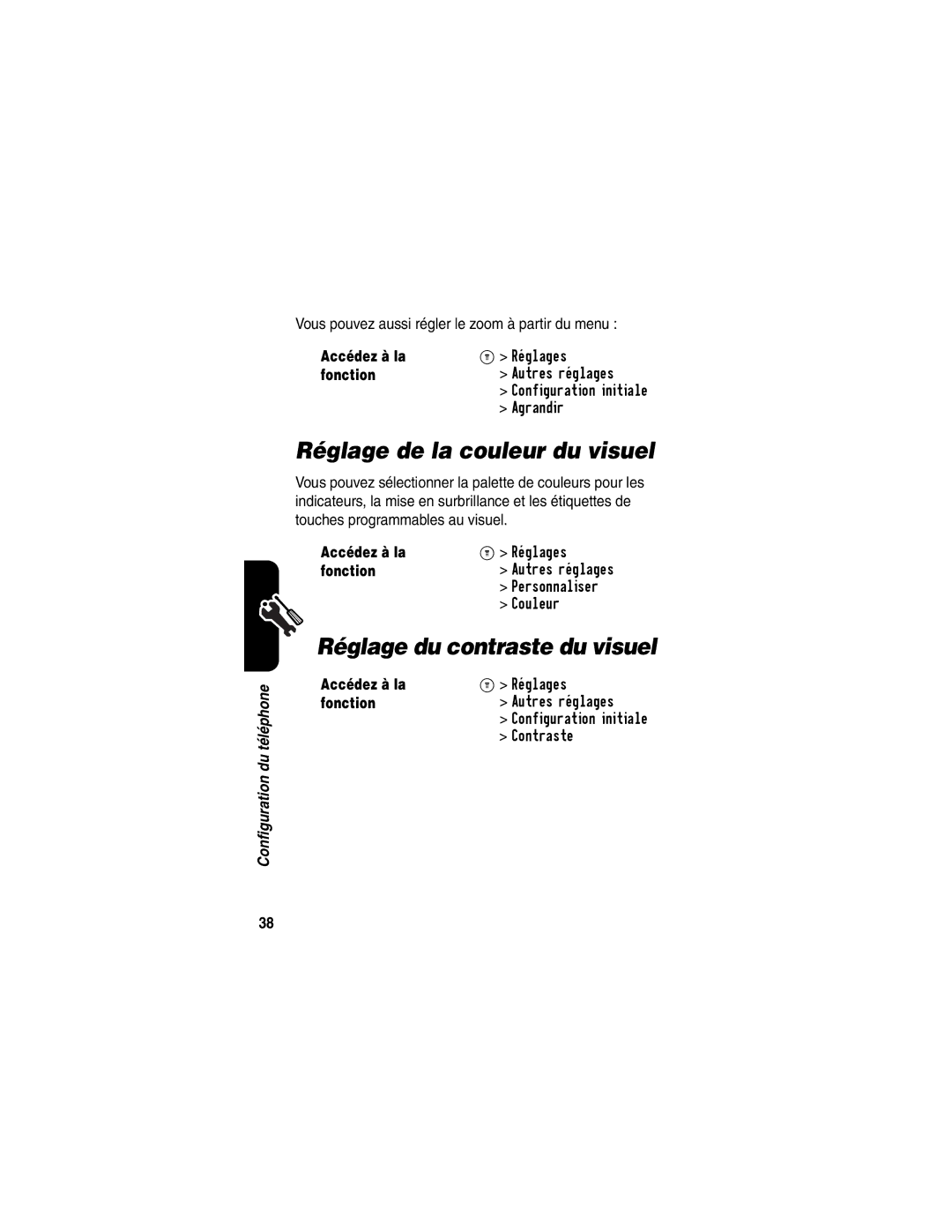 Motorola C341 manual Réglage de la couleur du visuel, Réglage du contraste du visuel 