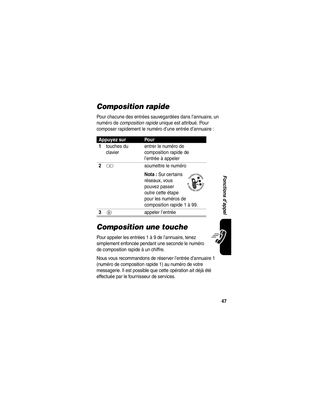 Motorola C341 manual Composition rapide, Composition une touche 