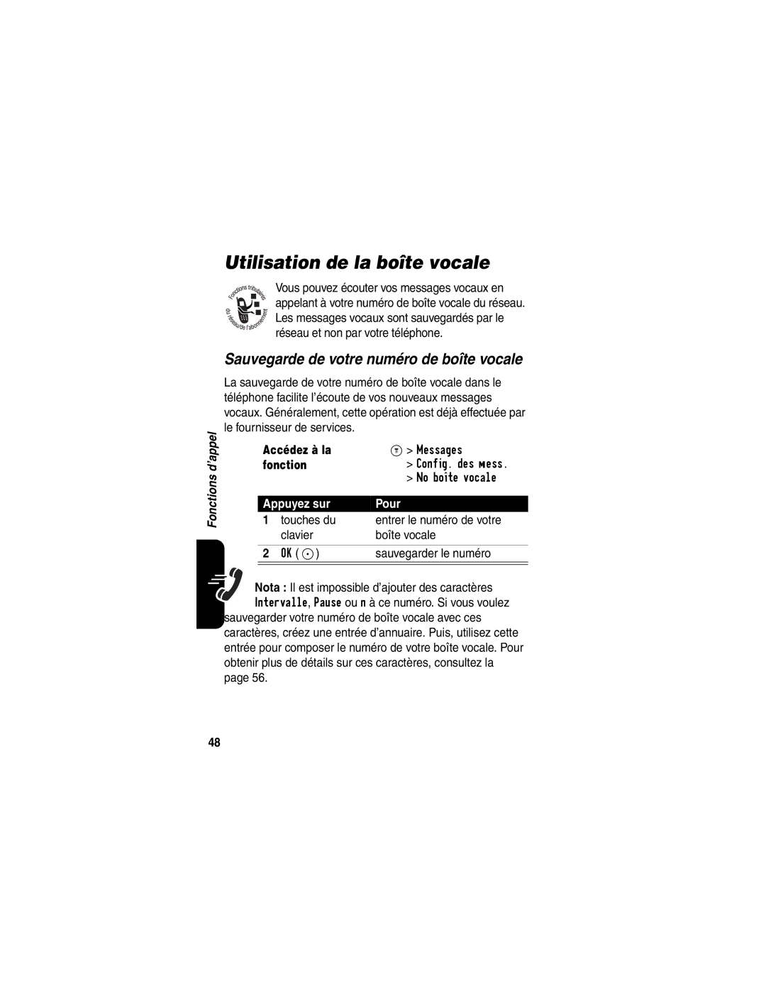 Motorola C341 manual Utilisation de la boîte vocale, Sauvegarde de votre numéro de boîte vocale 