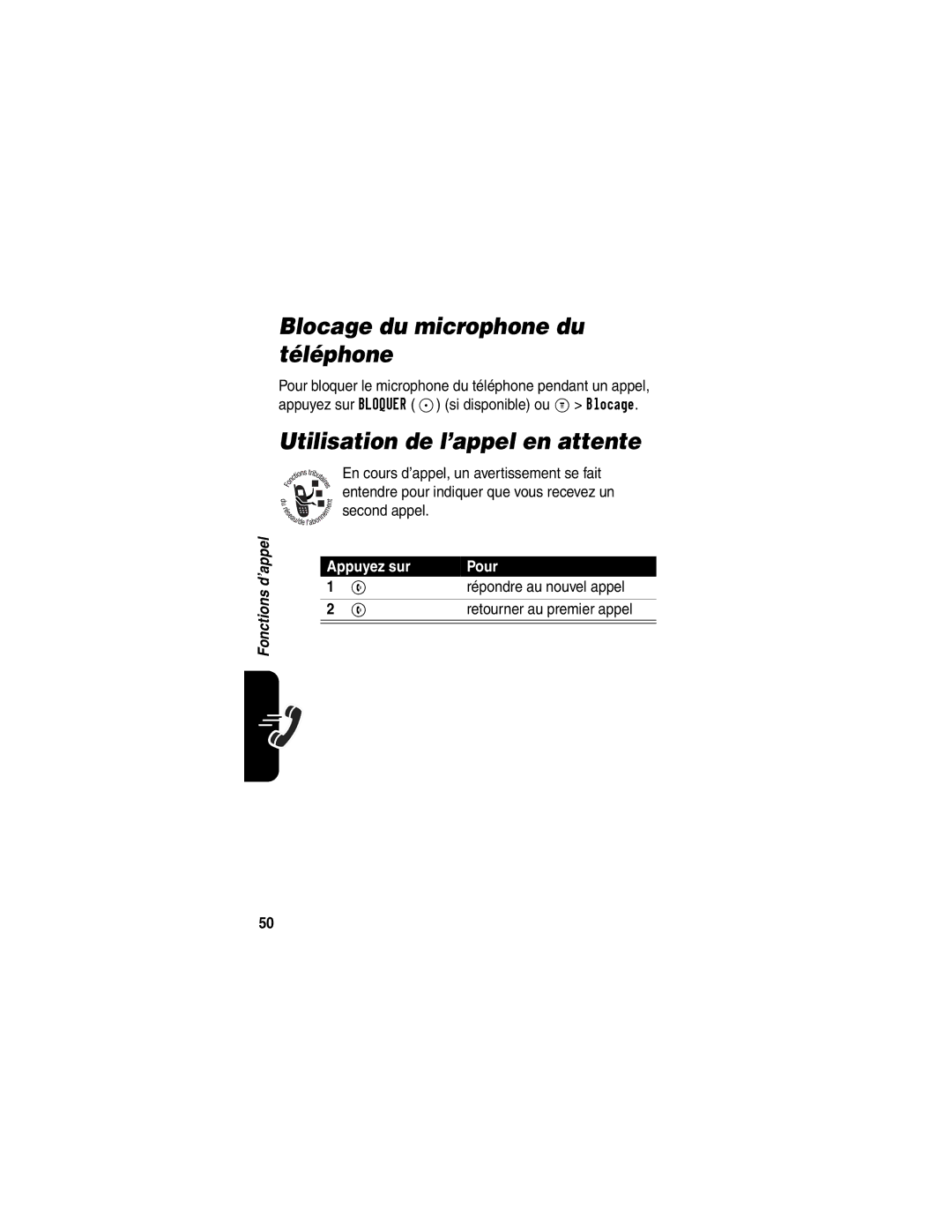 Motorola C341 manual Blocage du microphone du téléphone, Utilisation de l’appel en attente, Répondre au nouvel appel 