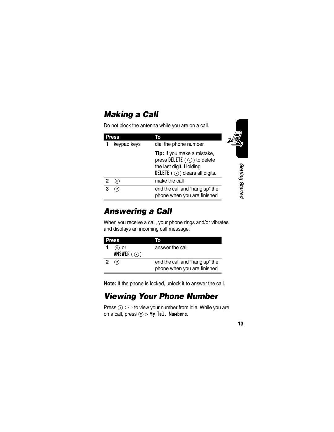 Motorola C341 manual Making a Call, Answering a Call, Viewing Your Phone Number, Press 