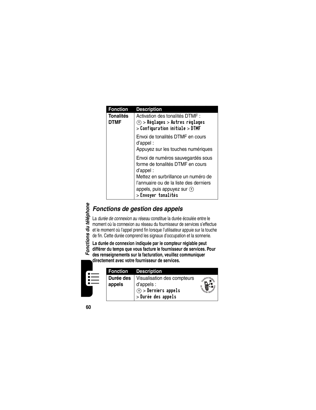 Motorola C341 manual Fonctions de gestion des appels, Tonalités, Durée des 