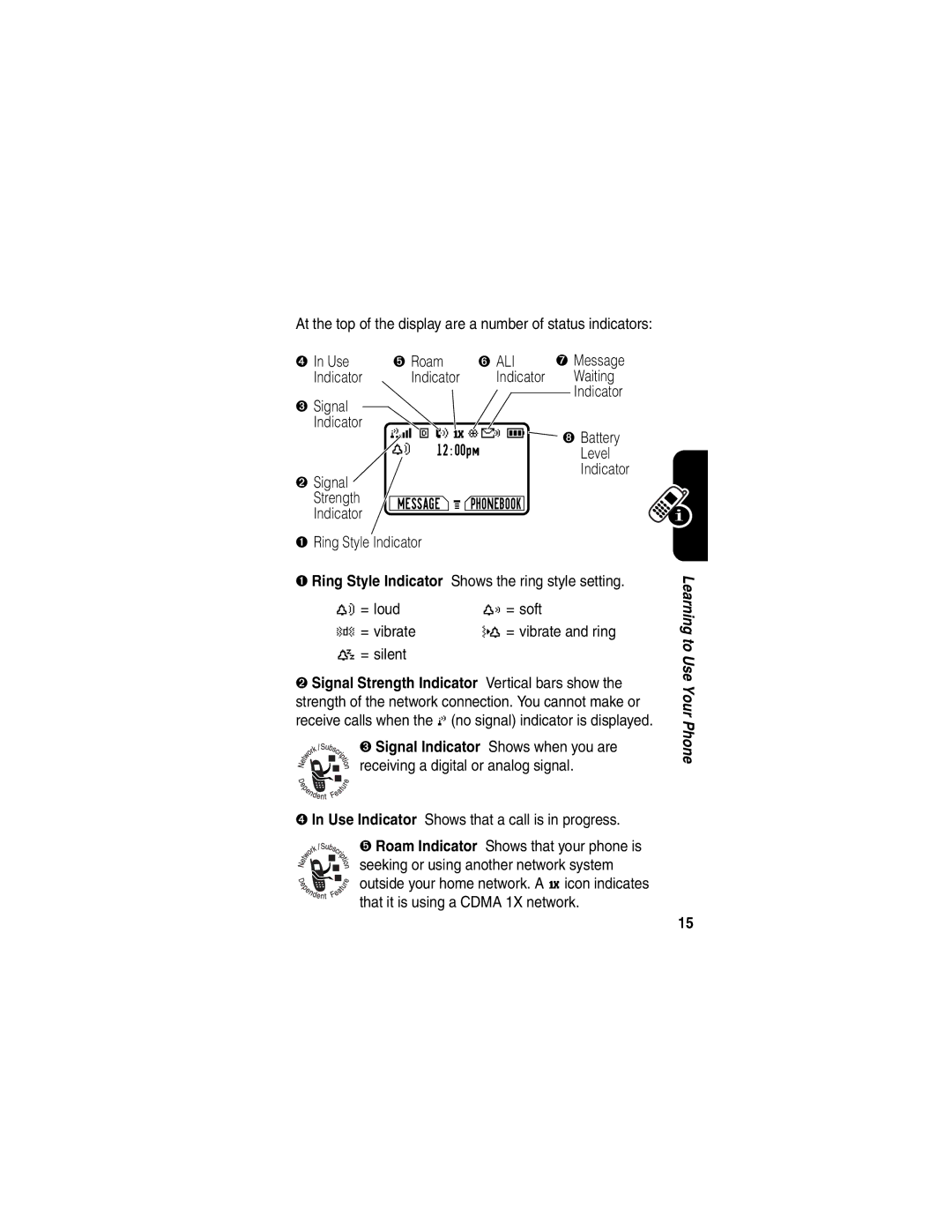 Motorola C341 manual ➍ In Use ➎ Roam, ➌ Signal Indicator, Level, ➋ Signal, Strength 