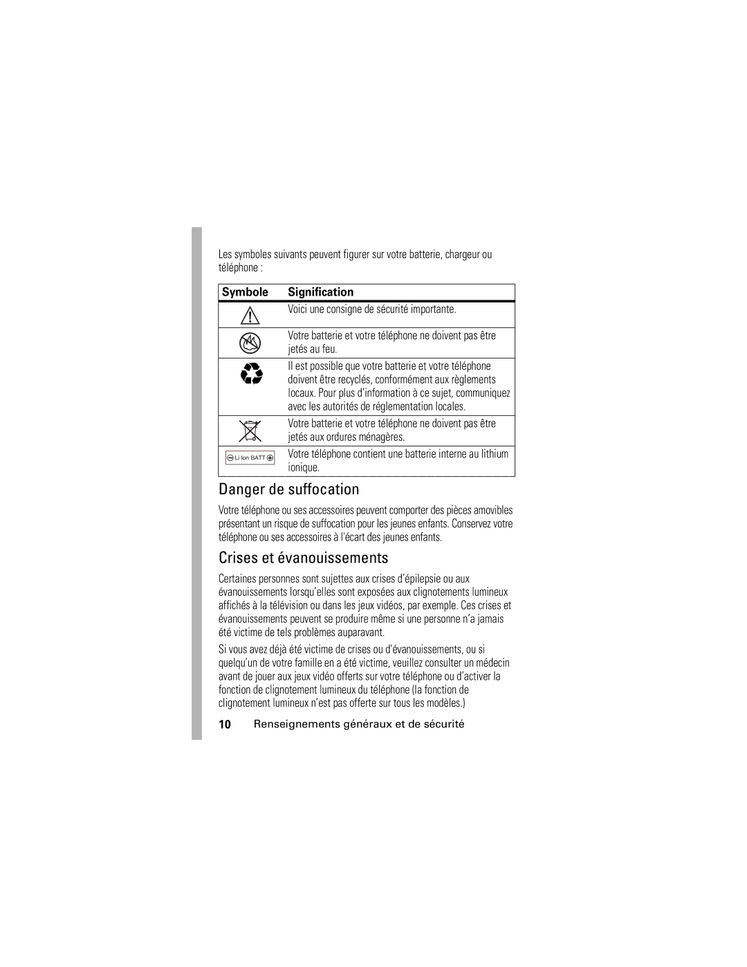 Motorola C341 manual Crises et évanouissements, Symbole Signification 