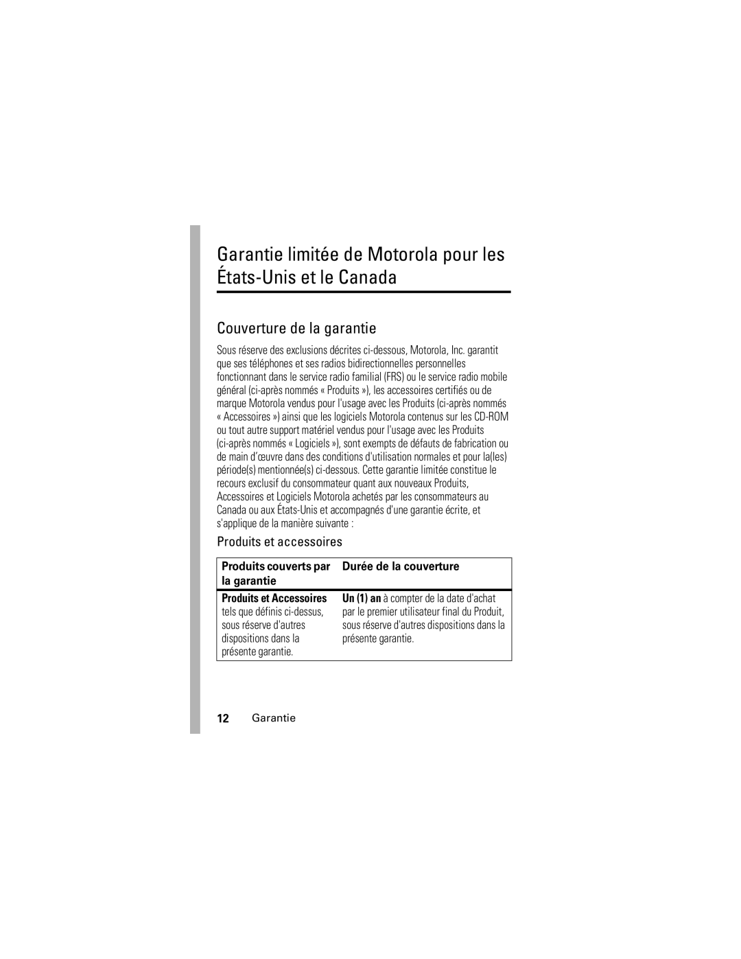 Motorola C341 manual Couverture de la garantie, Produits et accessoires 