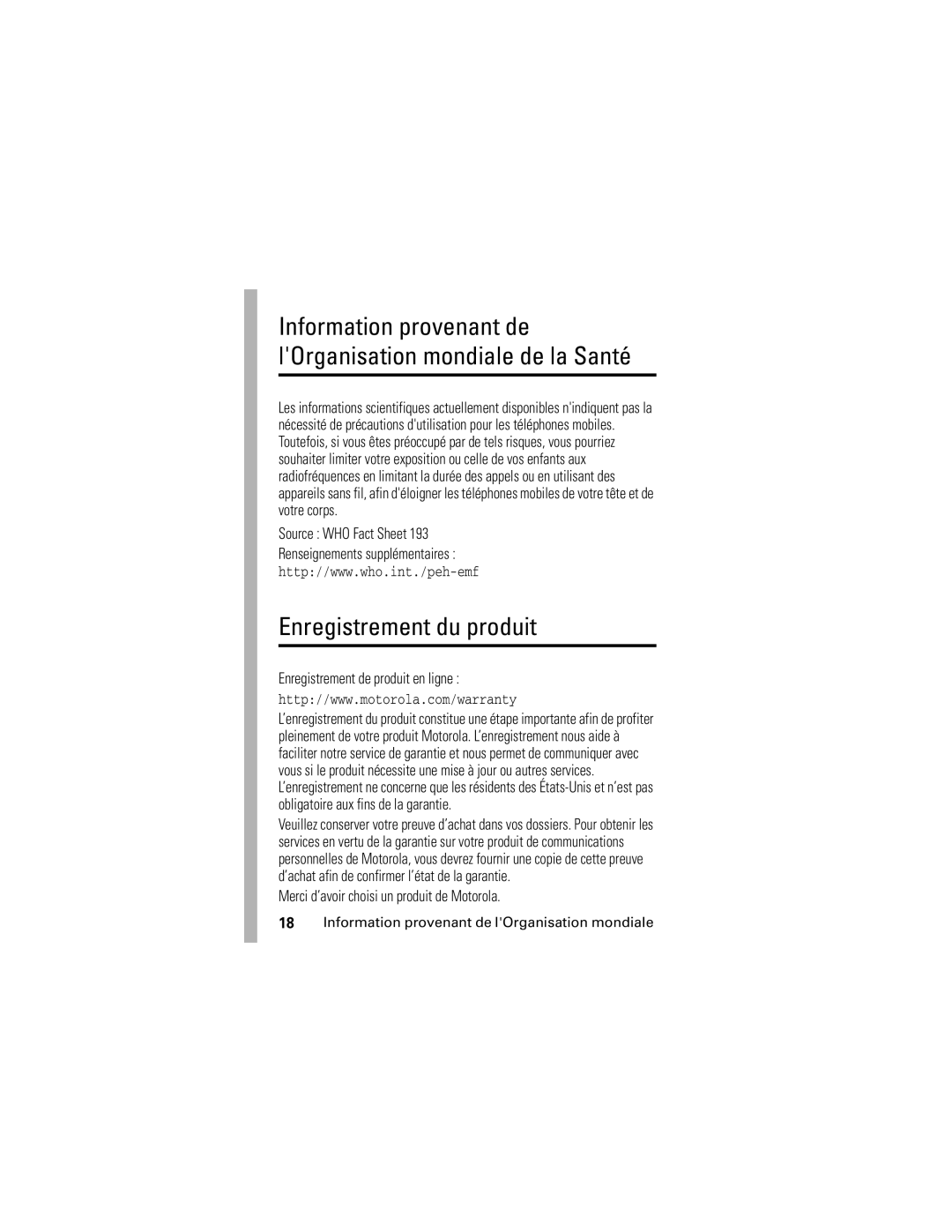 Motorola C341 manual Enregistrement du produit 