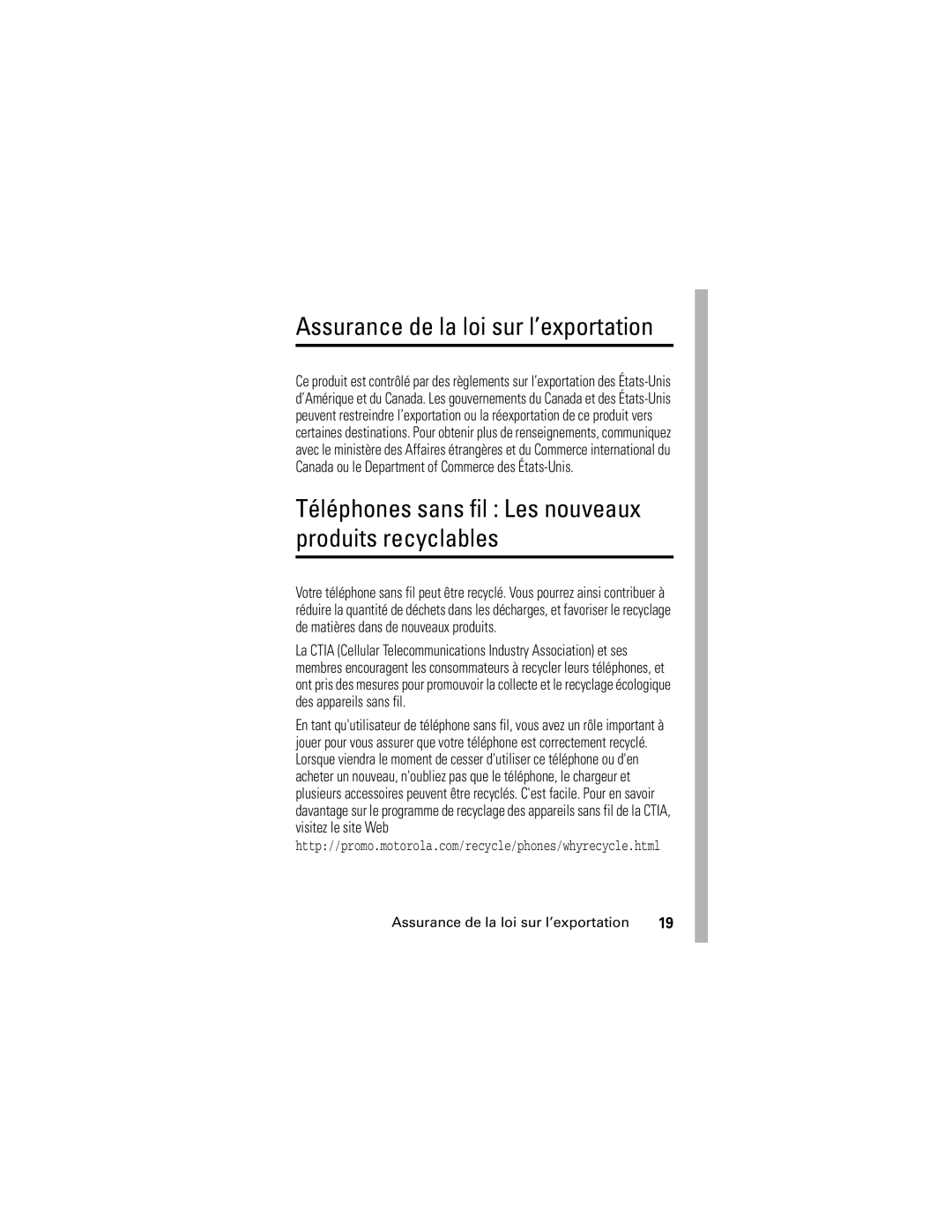 Motorola C341 manual Assurance de la loi sur l’exportation 