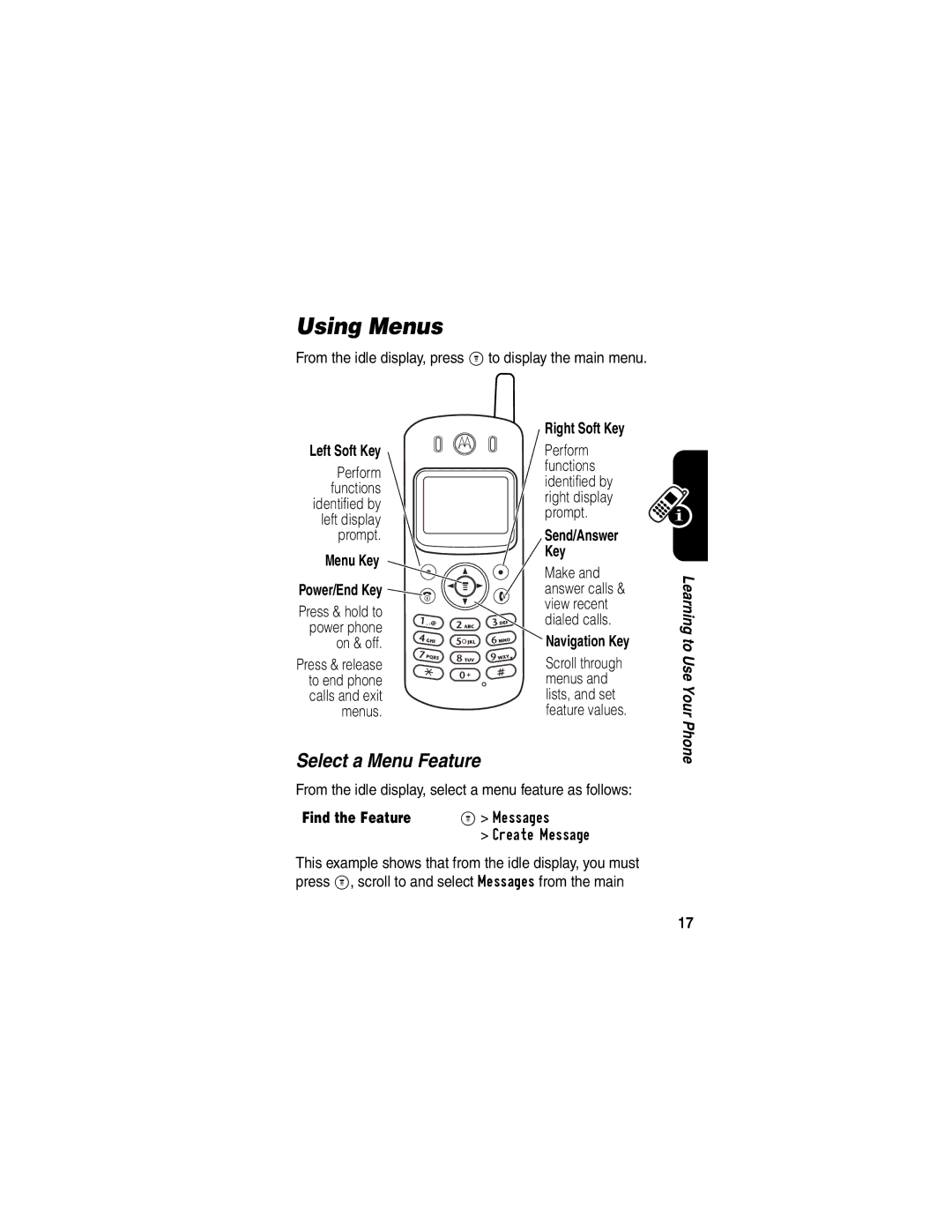 Motorola C341 manual Using Menus, Select a Menu Feature, Find the Feature 