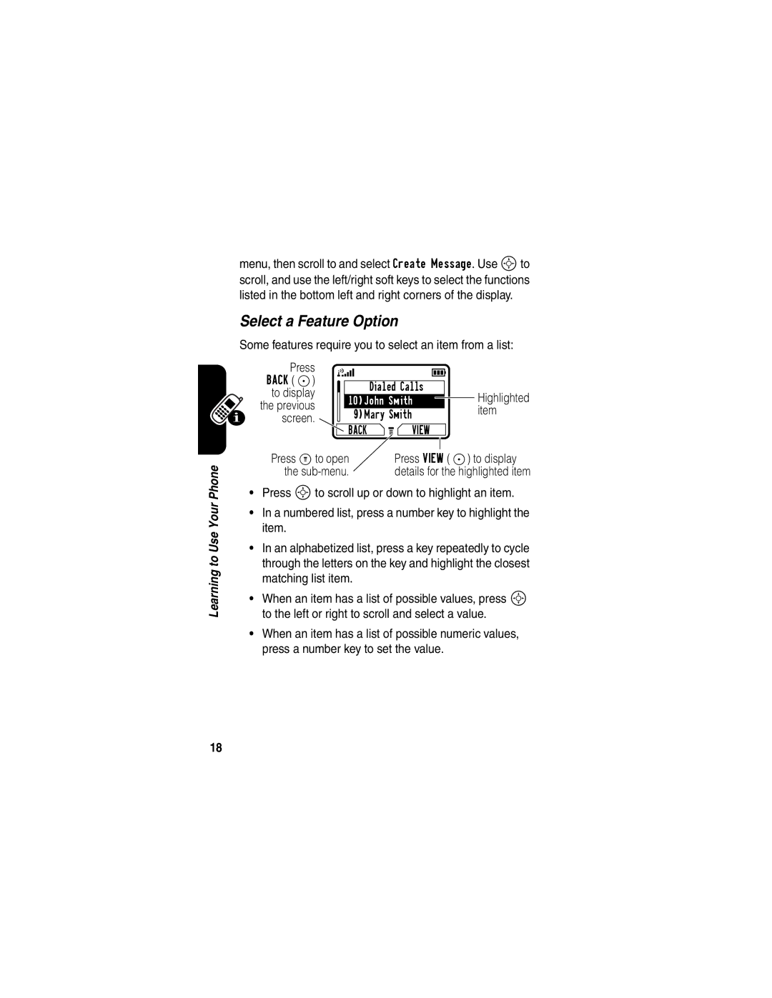 Motorola C341 manual Select a Feature Option, Previous, Screen, Press Mto open, Sub-menu 