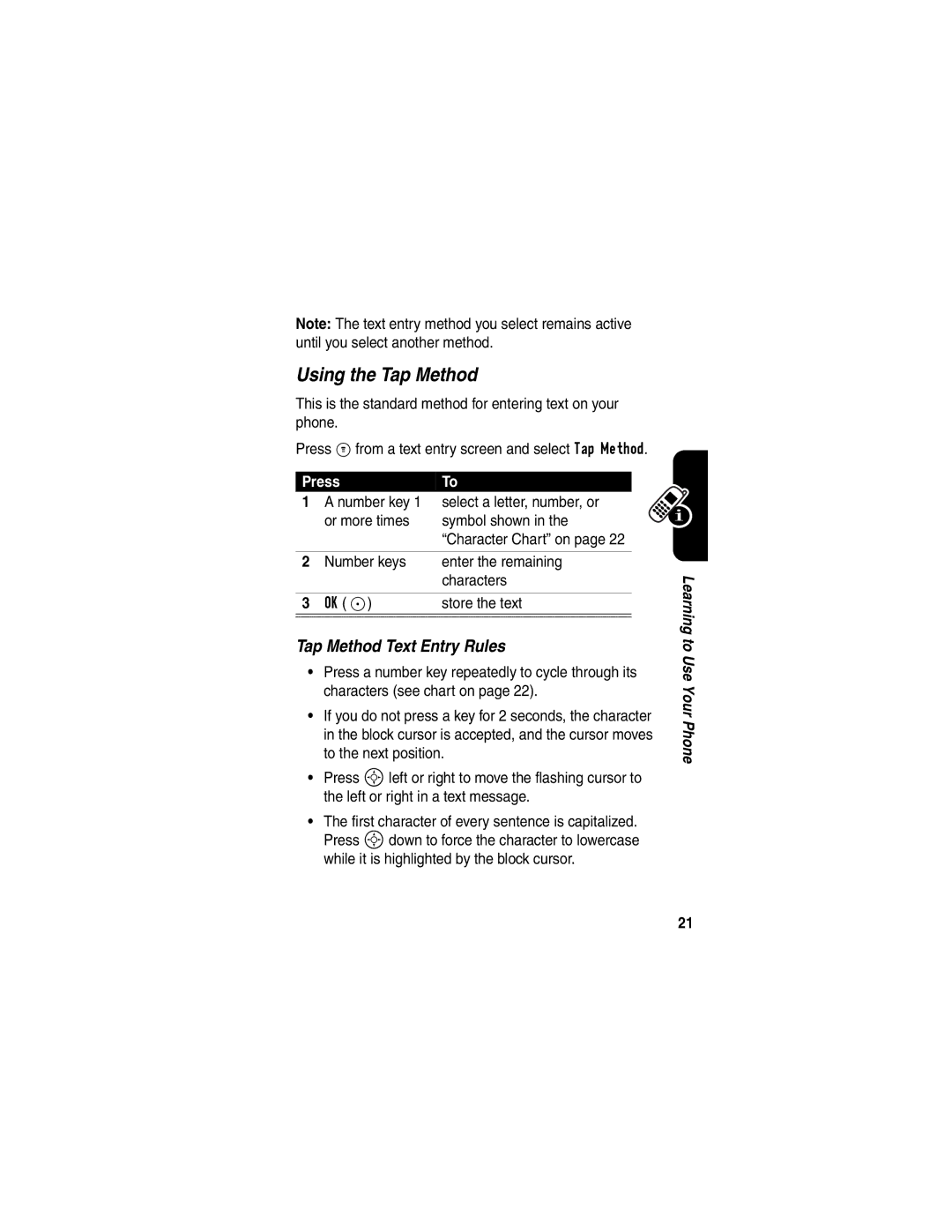 Motorola C341 manual Using the Tap Method, Tap Method Text Entry Rules 