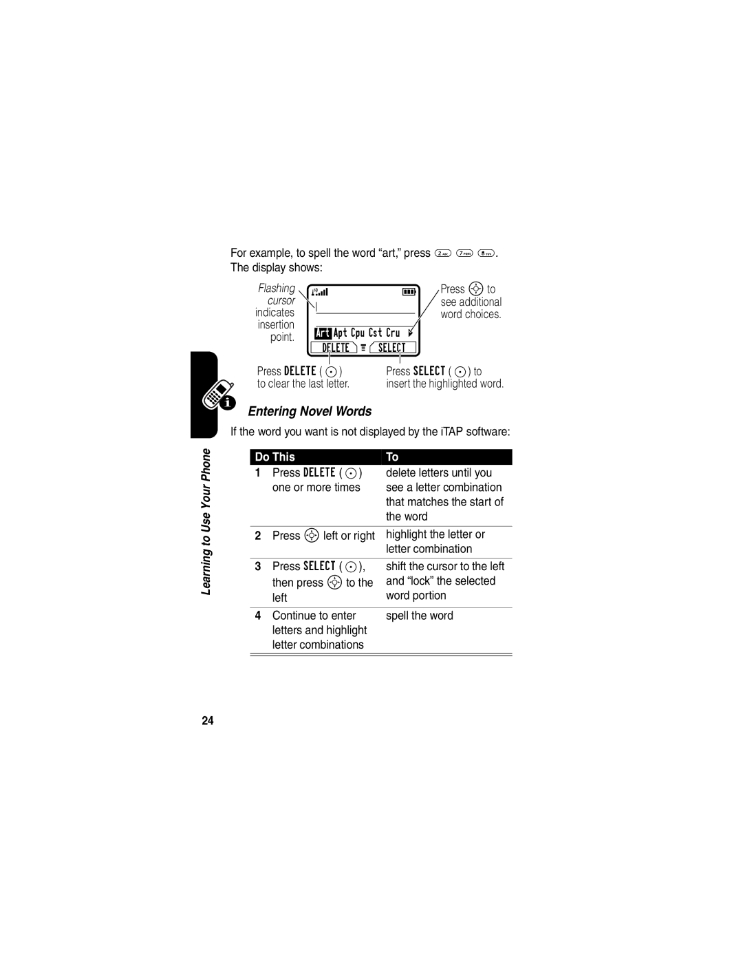 Motorola C341 manual Entering Novel Words, Point, Press Delete Press Select + to 