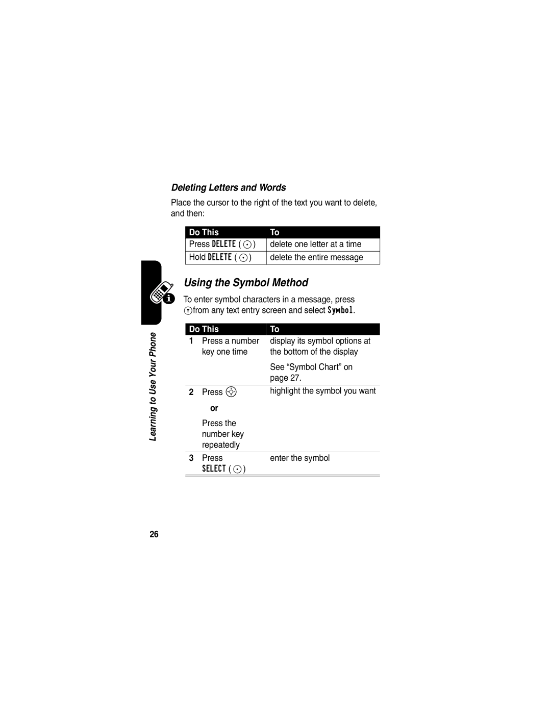 Motorola C341 manual Using the Symbol Method, Deleting Letters and Words, Press a number 