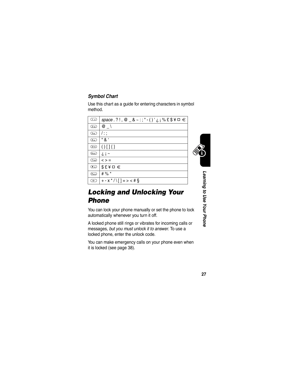 Motorola C341 manual Locking and Unlocking Your Phone, Symbol Chart 