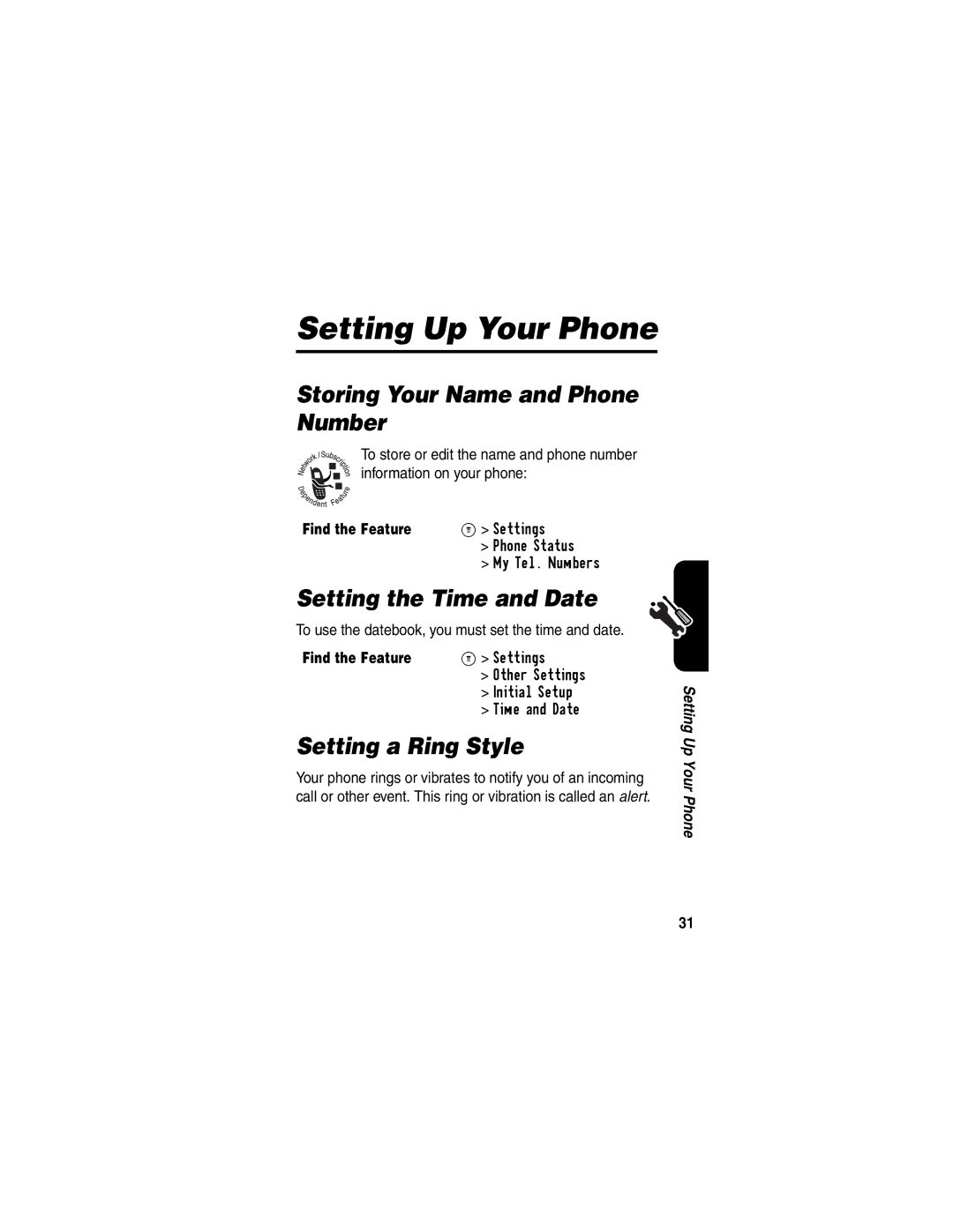 Motorola C341 Setting Up Your Phone, Storing Your Name and Phone Number, Setting the Time and Date, Setting a Ring Style 