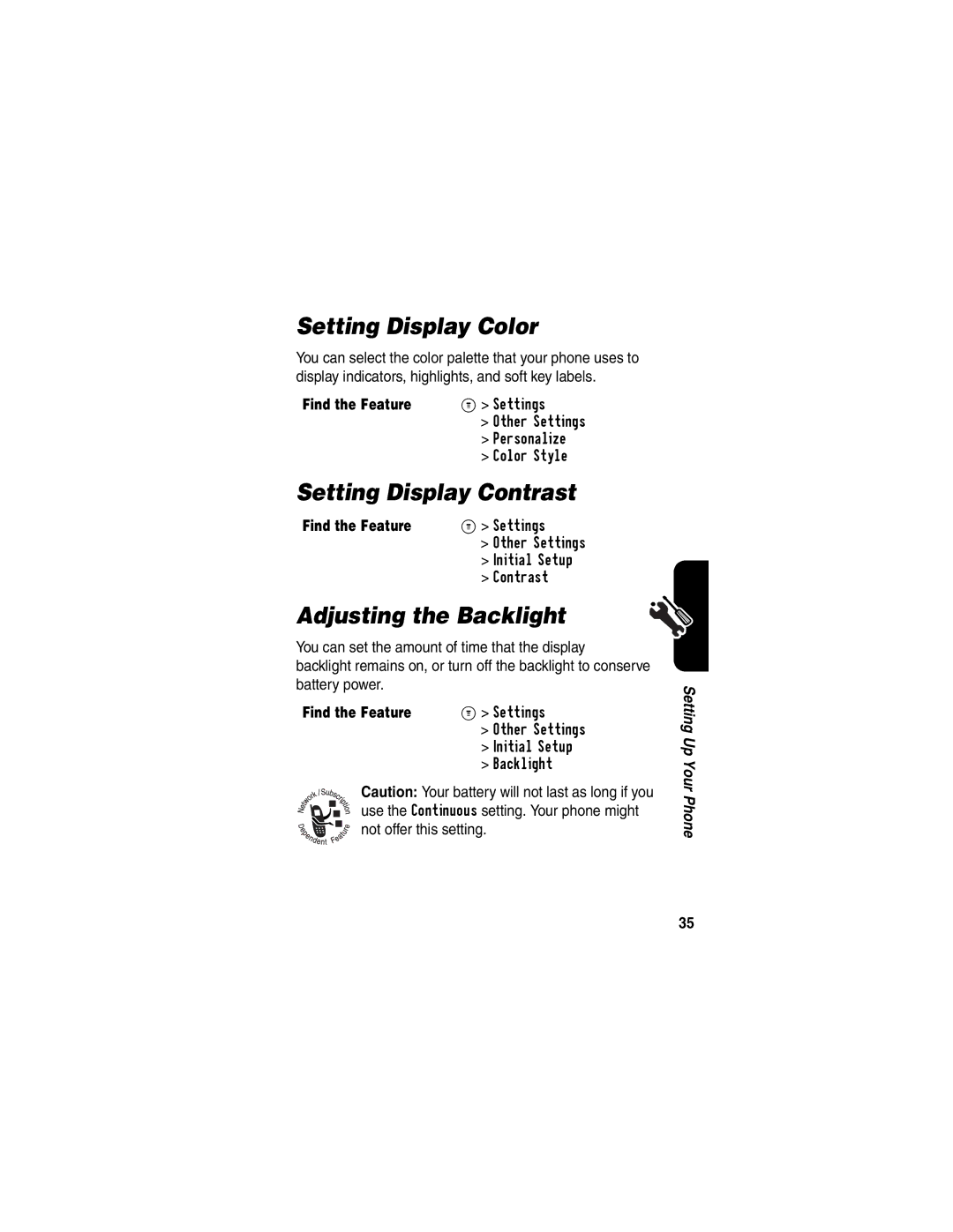 Motorola C341 manual Setting Display Color, Setting Display Contrast, Adjusting the Backlight 