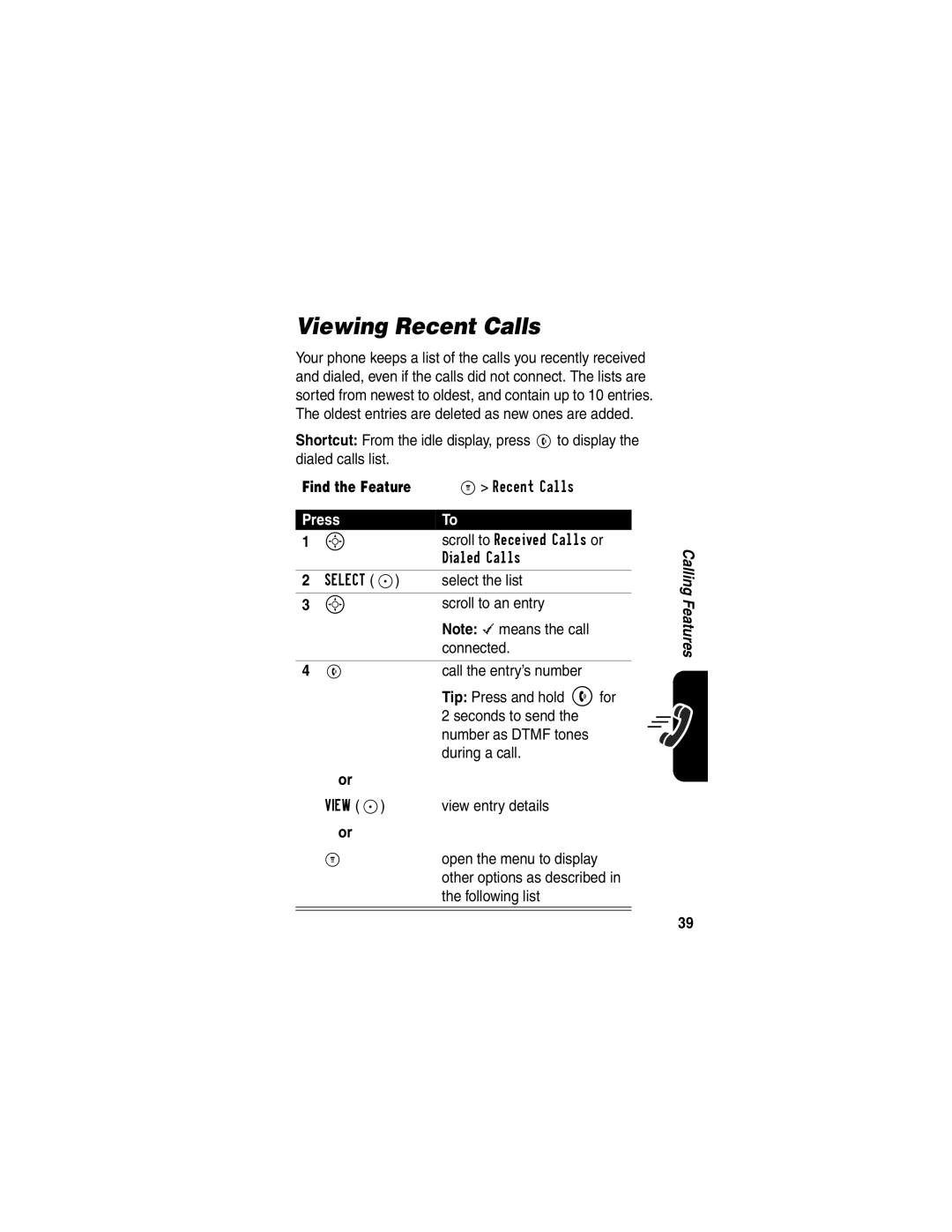 Motorola C341 manual Viewing Recent Calls 