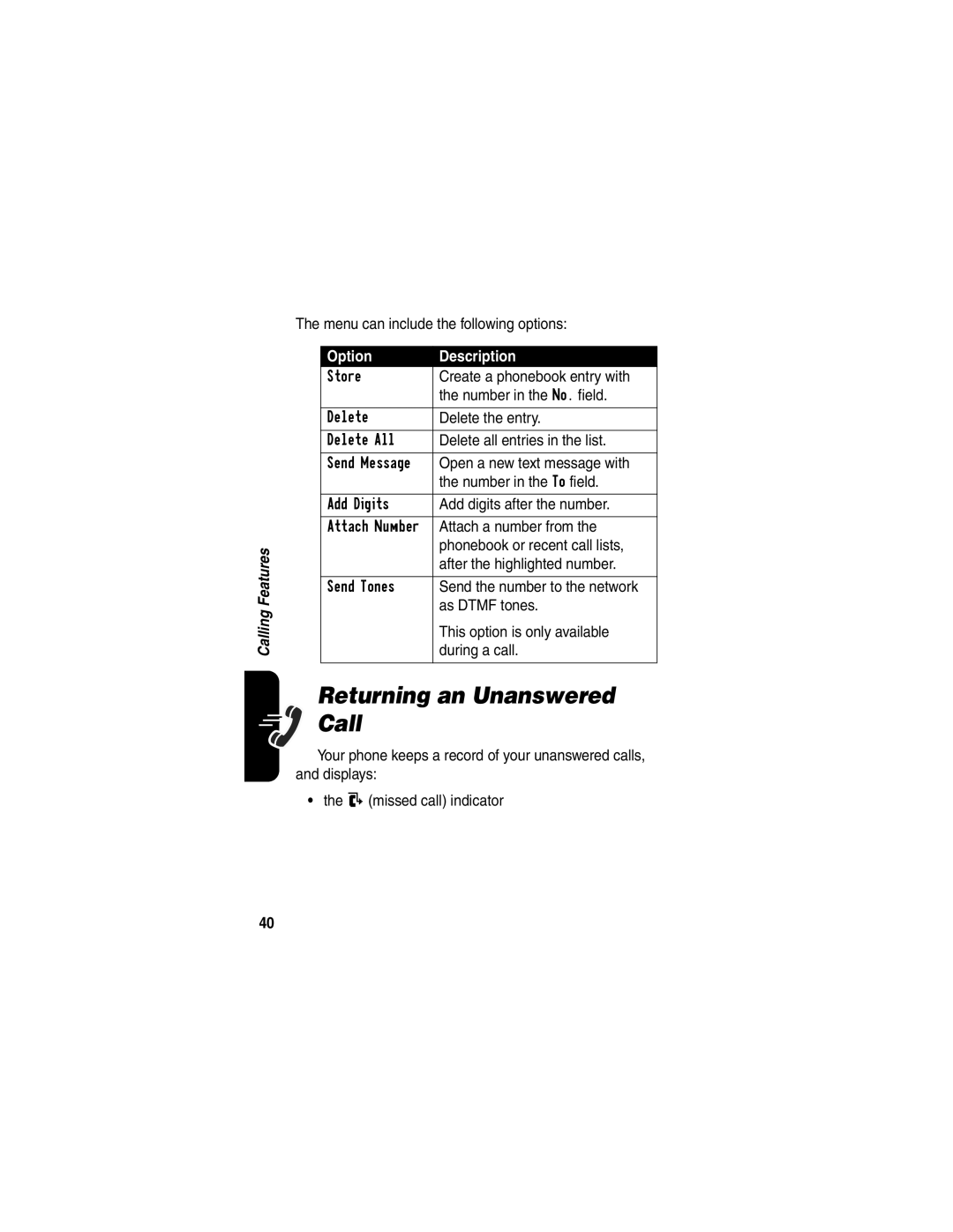 Motorola C341 manual Returning an Unanswered Call, Option Description 