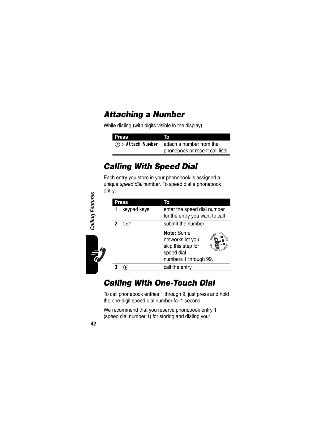 Motorola C341 manual Attaching a Number, Calling With Speed Dial, Calling With One-Touch Dial, PressTo 