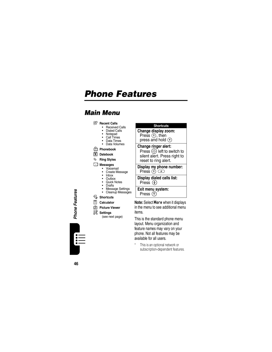 Motorola C341 manual Phone Features, Main Menu 