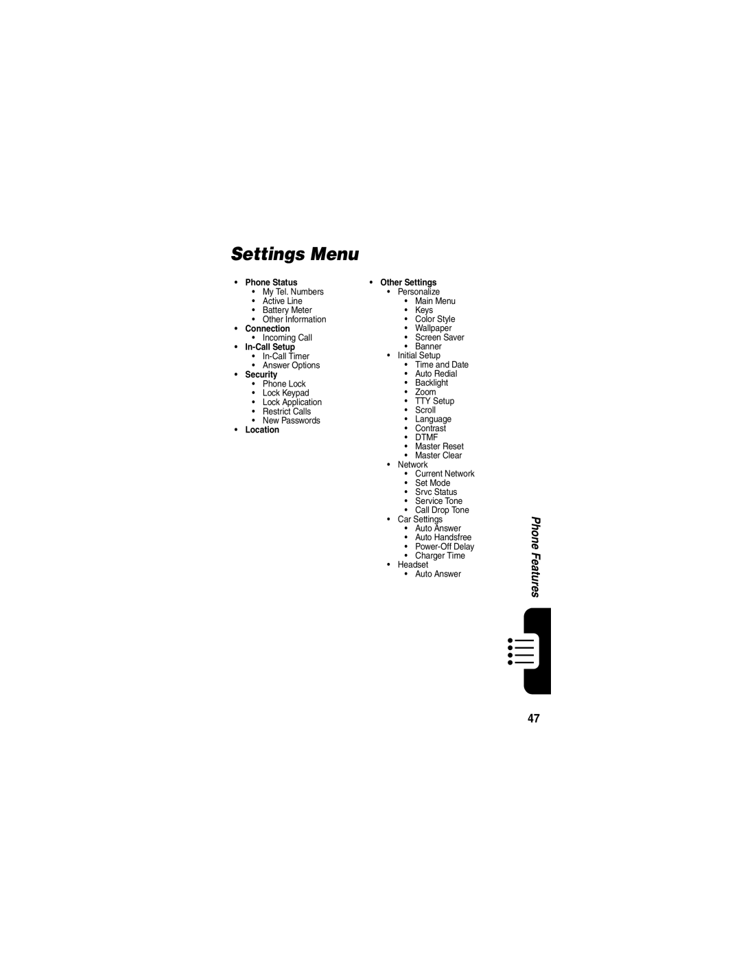 Motorola C341 manual Settings Menu, Location Other Settings 