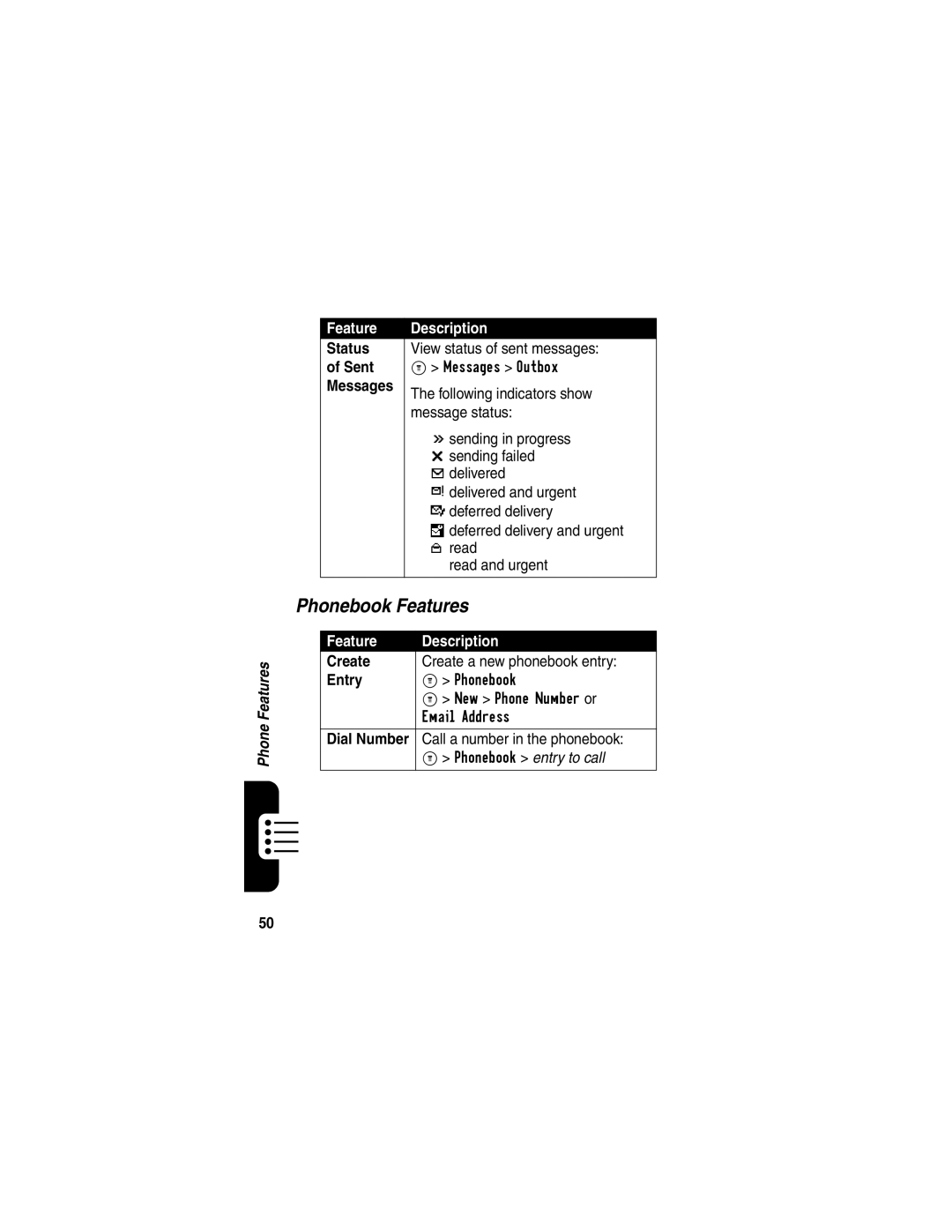 Motorola C341 manual Phonebook Features, Status, Sent, Create, Entry 