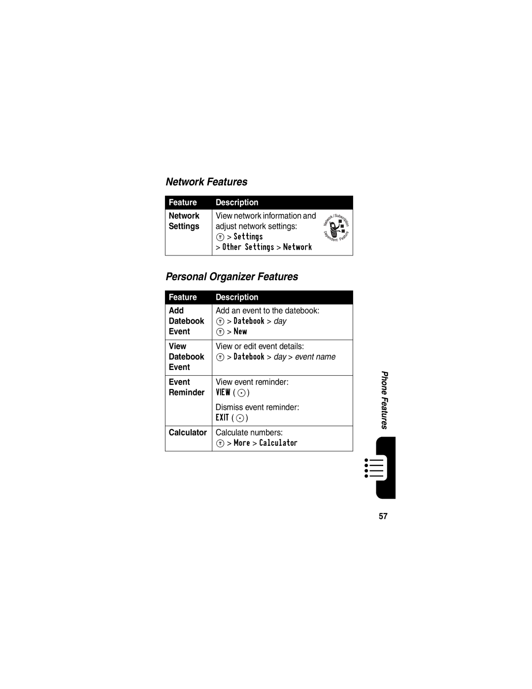 Motorola C341 manual Network Features, Personal Organizer Features 